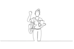 Illustration of girl hold many books and carry backpack enjoy time. Single continuous line art style vector