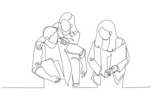 Drawing of three happy students and friends hangout together in an university cafetaria. Continuous line art style vector