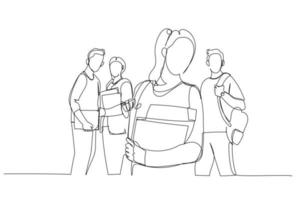 Drawing of happy student girl with book and a group of students. Continuous line art style vector