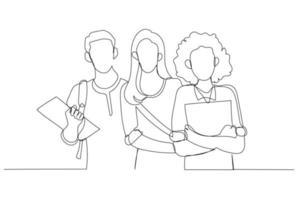 Drawing of happy group of students holding notebooks standing and posing together. Single continuous line art style vector