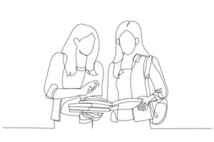 Illustration of portrait of young students go to campus. Single continuous line art vector