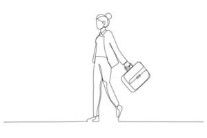 Drawing of young businesswoman crossing the street at the modern office district. Continuous line art style vector