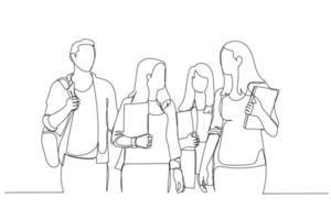 Illustration of group of college students walking together. Single line art style vector
