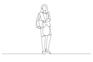ilustración de una alegre joven mujer de negocios posando y llevando una bolsa de traje. estilo de arte de una sola línea vector