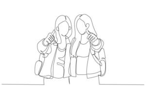 Cartoon of front view portrait of two friends with thumbs up and looking to the camera in university. One continuous line art style vector