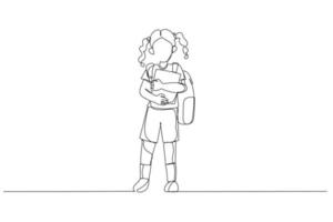 Illustration of little girl goes to school for the first time with a school bag and a book. Single line art style vector