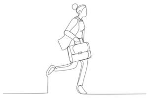 Drawing of businesswoman with suit runs to her office at rush hour carrying a briefcase. Single continuous line art style vector