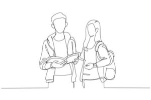 Cartoon of students couple in school library have discussion about book novel. One continuous line art style vector