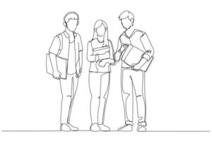 Cartoon of students friends standing together. One line art style vector