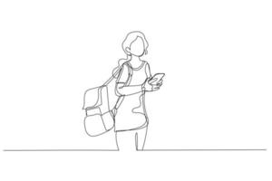 Cartoon of side portrait of woman student walking with bag and cellphone. One line style art vector