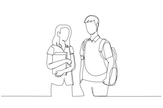 Drawing of two college students stand in from of university. Perfect for book cover. Continuous line art vector