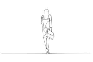 Drawing of young businesswoman walking with a handbag. Rear view. Single continuous line art style vector