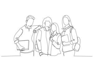 Cartoon of group of smart girls and boys students with backpacks on their shoulders and textbooks in their hands. One line art style vector