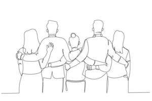 Cartoon of back rear view of young people stand in row hold hands hugging unity. One line style art vector