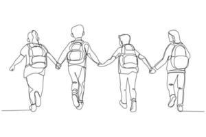 Drawing of group of children run to the door of the school holding each other hands. Single continuous line art style vector