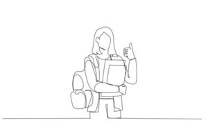 Drawing of college young girl student with thumb up holding tablet and lecture books. Single continuous line art style vector