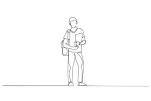 Drawing of young happy student carrying bags and books. Single continuous line art vector