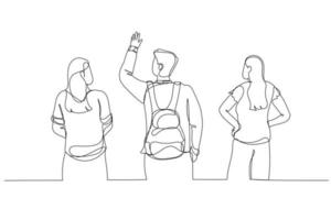 Drawing of people group from the back look up. Single continuous line art vector