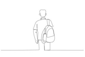 Drawing of back view young student walking to the university. Single continuous line art style vector