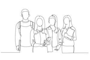 Cartoon of group of students with books wearing backpack looking at camera. One line art style vector