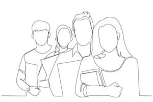 Cartoon of closeup of university students standing in a row with books. One line art style vector