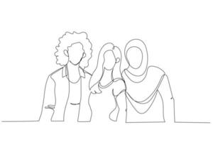 Illustration of group of three friends looking at camera enjoying vacation together. Single continuous line art vector