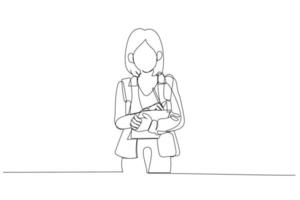 Cartoon of little schoolgirl with backpack holding notebook. One line art style vector