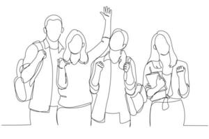 Drawing of group of happy students celebrating success posing and standing. Continuous line art vector