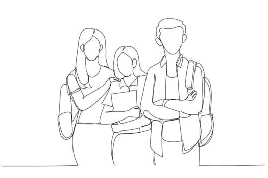 Drawing of asia students read a book in library. Single continuous line art style vector