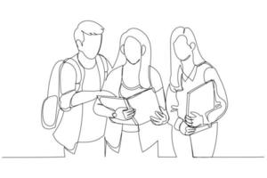 Illustration of three students learning reading a notebook and commenting in the street. Single line art style vector