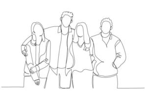 Drawing of group of young university students on campus standing together against wall in college. Continuous line art vector