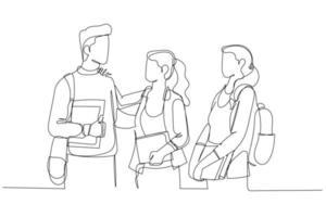 Illustration of group of university students friends preparing for exam outdoors. Single line art style vector