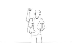 Drawing of teen boy with books and backpack with cap making greeting gesture. Continuous line art vector