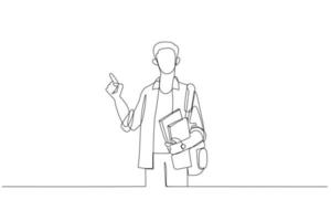 Cartoon of student in casual clothes glasses with backpack hold books pointing index finger up. One line style art vector