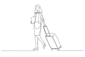 Illustration of businesswoman with a suitcase ready go to business meeting. Single line art style vector