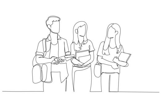 Drawing of group of three students walk together to discuss exam homework. Single continuous line art vector
