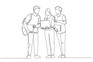 Drawing of portrait of young students with laptop discussing homework. Single continuous line art style vector