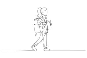 Drawing of school student holding books and backpack walking for education concept. Continuous line art vector