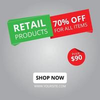 Product sale offer. Retail products 70 percent off prize banner design for social media. vector