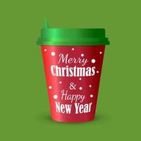 Christmas coffee cup wishing Merry Christmas and Happy New Year. Green, red and white. Vector design.