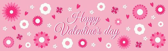 Happy Valentine's day poster. Pink and white flowers and red hearts. Graphic design. Vector illustration.