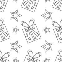 Vector seamless black and white pattern. Gift and stars