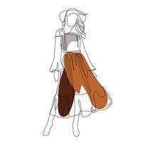 Boho woman abstract outline one line drawing color shapes beige and brown continuous in hat and skirt vector