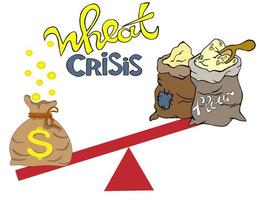 La crisis mundial del trigo. embargo de venta de cereales. problemas de abastecimiento a los países. en la balanza hay una bolsa de oro y dos bolsas de grano. vector