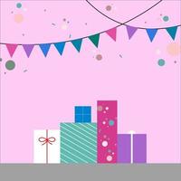 Gift boxes with colorful Party Flags Confetti on pink background. vector