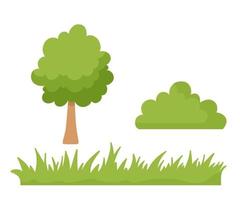 Tree, grass and bush isolated on a white background. Vector cartoon illustrations