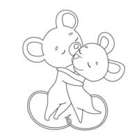 Two little mice kissing and hugging. Cute family in love. Vector outline illustration isolated on white background for coloring book