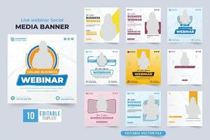 Webinar social media post vector collection with blue and yellow colors. Live webinar and presentation template bundle for digital marketing. Office seminar invitation and webinar template set.