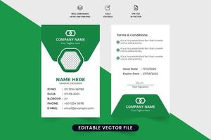 diseño de tarjeta de identificación de empresa creativa para empleados. vector de plantilla de tarjeta de identificación con formas de color verde. diseño de tarjeta de identidad listo para imprimir para estudiantes escolares o empleados de negocios.