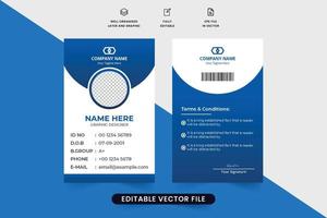 Company identity card template design with dark blue color and geometric shapes. Organization ID card vector with photo placeholders. Modern business employee identification card design.